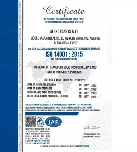 Alex Trans ISO 14001 environmental management system certificate
